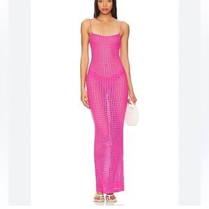 NWT Superdown Winona Maxi Dress Pink crochet knit swim resort sheer Revolve L